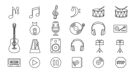 Illustration of various musical instruments and audio equipment icons