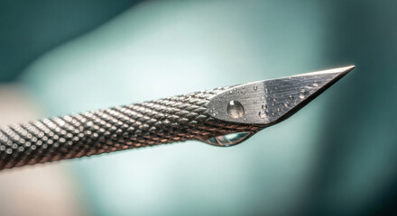 Extreme close-up of a sharp, metallic surgical instrument with a single drop of liquid clinging to its pointed tip, suggesting precision and medical procedure.