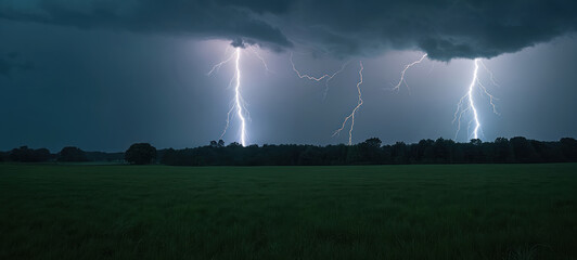 Multiple lightning bolts strike across dark, stormy night sky over grassy field. Dramatic natural phenomenon, vivid electric energy illuminates ominous atmosphere. Intense weather event power.