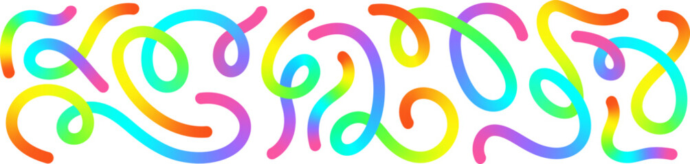 Colorful gradient squiggles with hand drawn grunge texture, abstract bold wavy lines and swirls. Childish wave and spiral doodles, curvy stripes, simple playful linear rainbow scribbles vector set