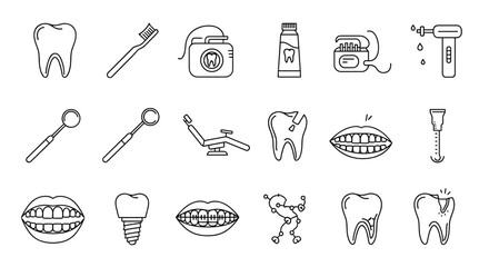 A dental care set with teeth, tools, and dental hygiene elements drawn