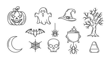 Collection of halloween themed line art illustrations in black and white