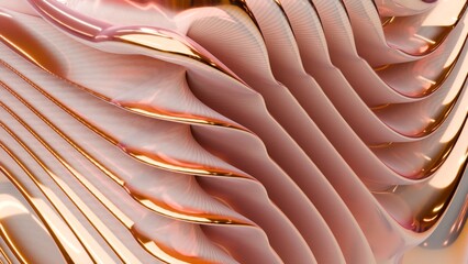 3D rendering, abstract pink background with gold border, layered folds and curves.