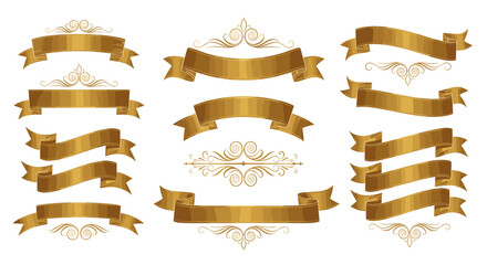 Collection of golden banners and decorative elements for design use