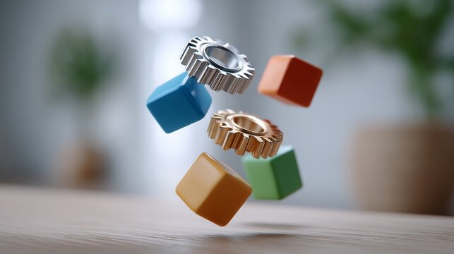 Floating gears and cubes modern workspace 3d visualization bright environment close-up creative design concept - Powered by Adobe