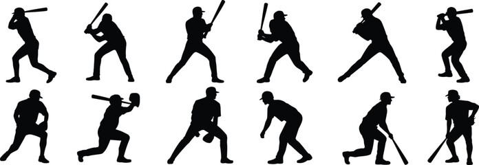 Dynamic Baseball Player Silhouettes Collection: Batters and Fielders in Action, Sports Training, Athletic Performance, Team Game, American Pastime, Competitive Spirit, Softball, Exercise, Fitness, 