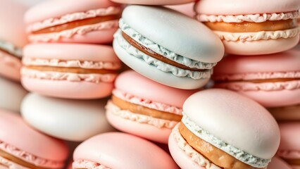 Obraz premium Close-up of a pile of vibrant pink and blue pastel macarons with creamy filling.