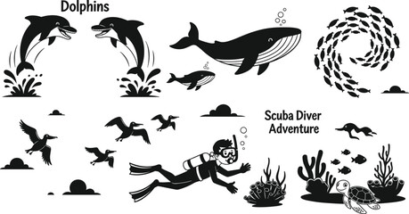 Ocean wildlife illustration, dolphins jumping, whale swimming, scuba diver exploring coral reef, sea turtles, underwater adventure, marine life, ocean animals, aquatic ecosystem, fish schooling