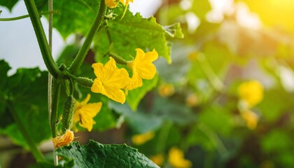 Sunlit cucumber plant with vibrant yellow flowers and small developing fruit