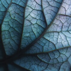 Close-Up of a Blue Leaf with Intricate Veins and Fine Details Set Against a Soft Background Displaying Natural Textures