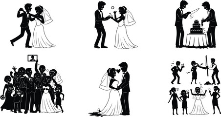 Wedding couple celebration, cutting cake, exchanging rings, dancing, kissing, group photo, funny bride groom moments, romantic ceremony silhouette illustration