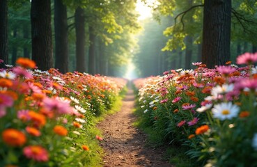 Obraz premium Solitary dirt path winds through vibrant garden blooming with colorful flowers. Tall trees line forest road, with rich plants, soft sunlight creating tranquil, natural scene. Ideal for relaxation