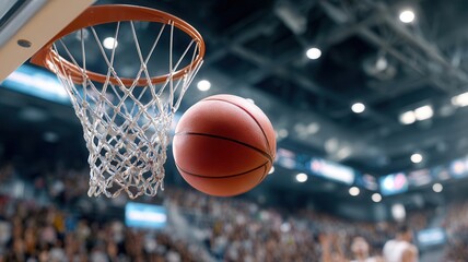 Fototapeta premium Orange basketball arcing high, sailing toward net during intense game, crowd roaring in packed stadium with blazing arena lights