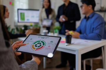 Group of asia businesspeople talk ESG strategies risk management workshop, SDGs, global warming, green finance and investment and net zero waste lifestyle in boardroom training building.
