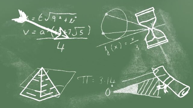 Chalk dust smear starting chalk drawing shapes and formulas on green chalkboard illustrating math