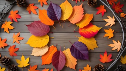 Autumn Leaves Wreath with Colorful Foliage and Pine Cones on Wooden Background