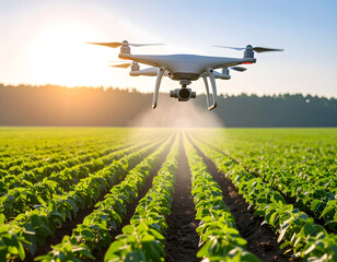 Aerial view of a drone spraying a green field, with the sun shining in the background. This image showcases the modern concept of precision agriculture.