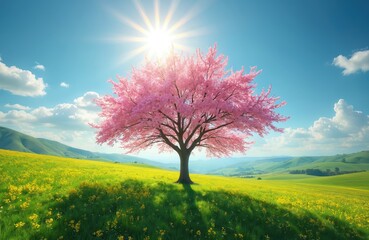 Lone cherry tree with vibrant pink blossoms graces sunlit meadow of yellow wildflowers. Rolling green hills, clear blue sky with fluffy clouds create serene spring landscape. Bright sunlight shines