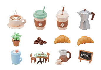 3D Coffee Shop Icon Set with Latte, Croissant, Coffee Machine and Cafe Elements