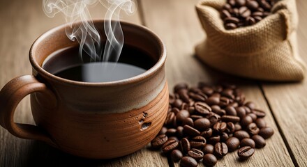 Fototapeta premium Steaming Cup of Black Coffee with Roasted Beans.