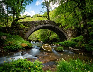 An ancient stone arch bridge spanning a rushing stream, surrounded by lush greenery