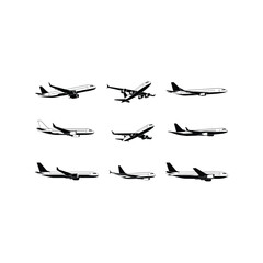 Collection of vintage and modern aircraft silhouettes in flight against a