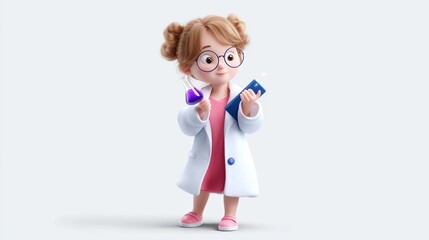 Scientific experiment with a young girl in a lab cartoon style colorful environment playful viewpoint