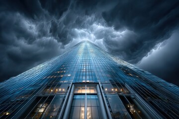 Stormy sky looms over modern skyscraper reflecting urban architecture and nature’s power