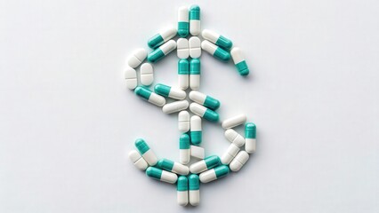 Fototapeta premium Bright pills forming a dollar icon on white background — concept for pharmacy costs and finance