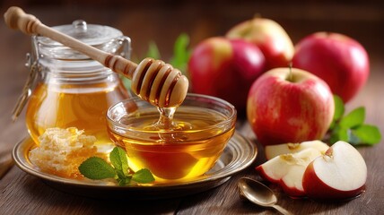 Jewish holiday scene featuring honey, apples, honeycomb on weathered wooden surface, tradition sweet new year symbolizing