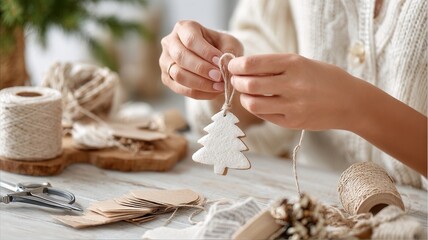 Woman decorating sustainable christmas tree with handmade ornaments using wood, cardboard, string, branches fir natural