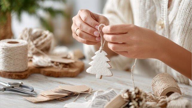 Woman decorating sustainable christmas tree with handmade ornaments using wood, cardboard, string, branches fir natural - Powered by Adobe