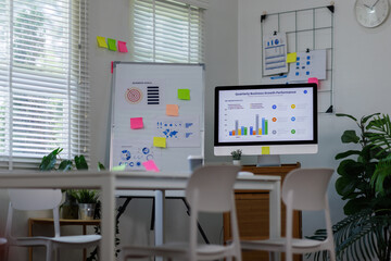 Fototapeta premium Desktop Computer Monitor with Finance Statistical Data a white-screen mockup for display your graphic is on a white desk in a modern bright living room. 