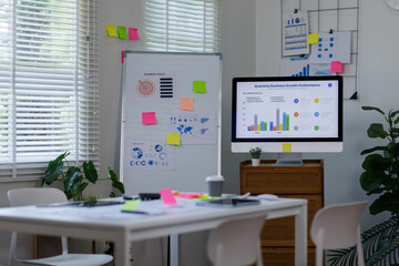 Desktop Computer Monitor with Finance Statistical Data a white-screen mockup for display your graphic is on a white desk in a modern bright living room.	