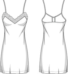 Technical fashion flat sketch of women lingerie slip dress with lace neckline, spaghetti straps, nightwear clothing template, vector apparel design illustration. © Montaha Creatives