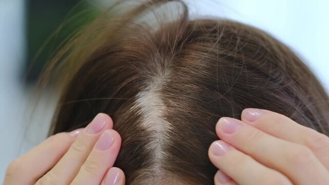 A woman's head with brown hair and a bald spot in the middle. The bald spot is noticeable and stands out against the rest of her hair