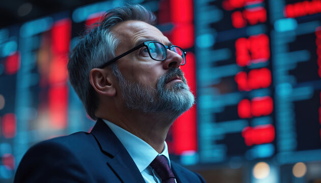 Stock market analyst, investor, trader gazes at trading board. Stock exchange data shows red numbers indicating volatility. Man in suit, tie observes financial charts, market trends, potential