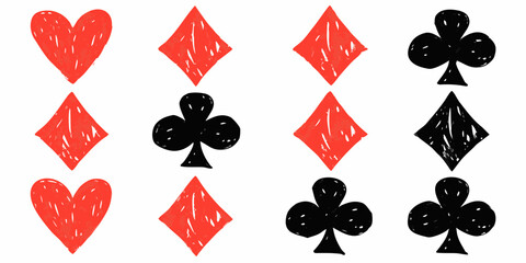 Twelve Hand Drawn Playing Card Suits Hearts Diamonds Clubs and Spades playing cards