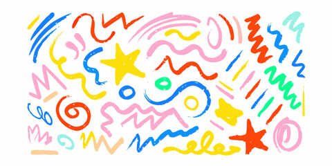 Vibrant Hand Drawn Abstract Shapes Stars Waves and Swirls on White background blue