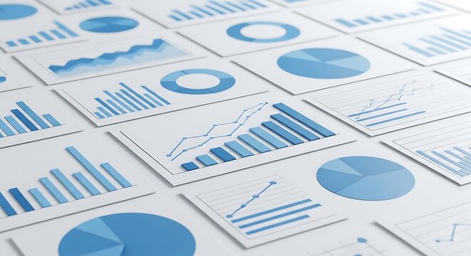Multiple business graphs and charts in light blue on white paper, creating a visual display of data analysis.