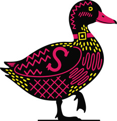 Decorative Vibrant Neon Black Tribal Duck Silhouette with Geometric Patterns Stickers