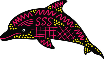 Decorative Vibrant Neon Black Tribal Dolphin Silhouette with Geometric Patterns Stickers