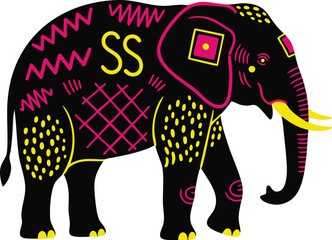 Decorative Vibrant Neon Black Tribal Elephant Silhouette with Geometric Patterns Stickers