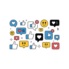 Social media engagement icons thumbs up hearts likes and happy emoticons communication symbols set