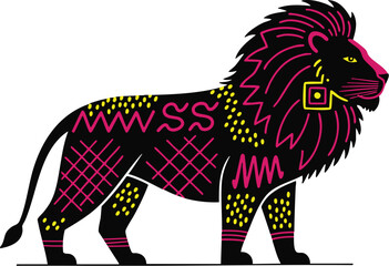 Decorative Vibrant Neon Black Tribal Lion Silhouette with Geometric Patterns Stickers