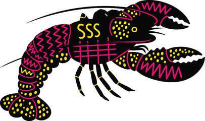 Decorative Vibrant Neon Black Tribal Lobster Silhouette with Geometric Patterns Stickers