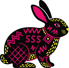 Decorative Neon Black Tribal Rabbit Bunny Silhouette with Geometric Patterns Stickers