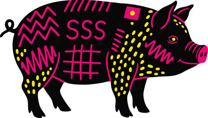 Decorative Neon Black Tribal Pig Silhouette with Geometric Patterns Stickers