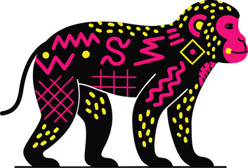 Decorative Vibrant Neon Black Tribal Monkey Silhouette with Geometric Patterns Stickers