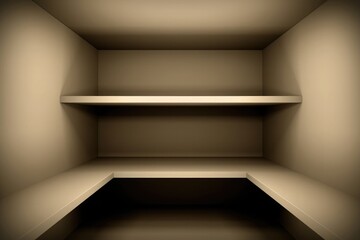 Fototapeta premium Realistic vector illustration of an empty shelf in a room corner, neutral beige and brown tones, soft lighting, high-resolution